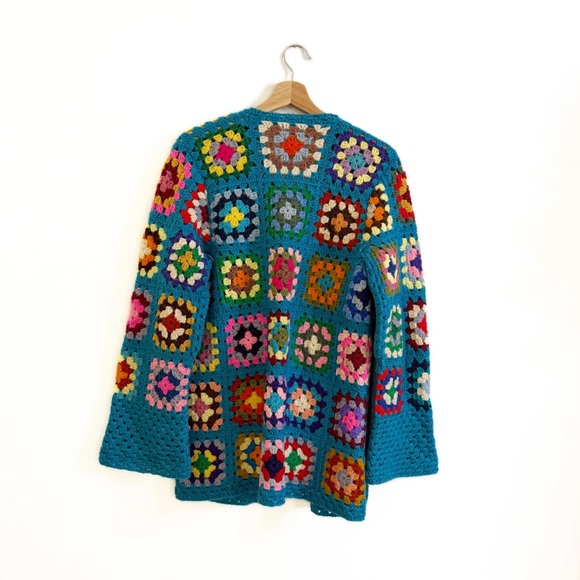 Womens Medium Large Granny Square Crochet Knit Cardigan Sweater Boho - Picture 6 of 7